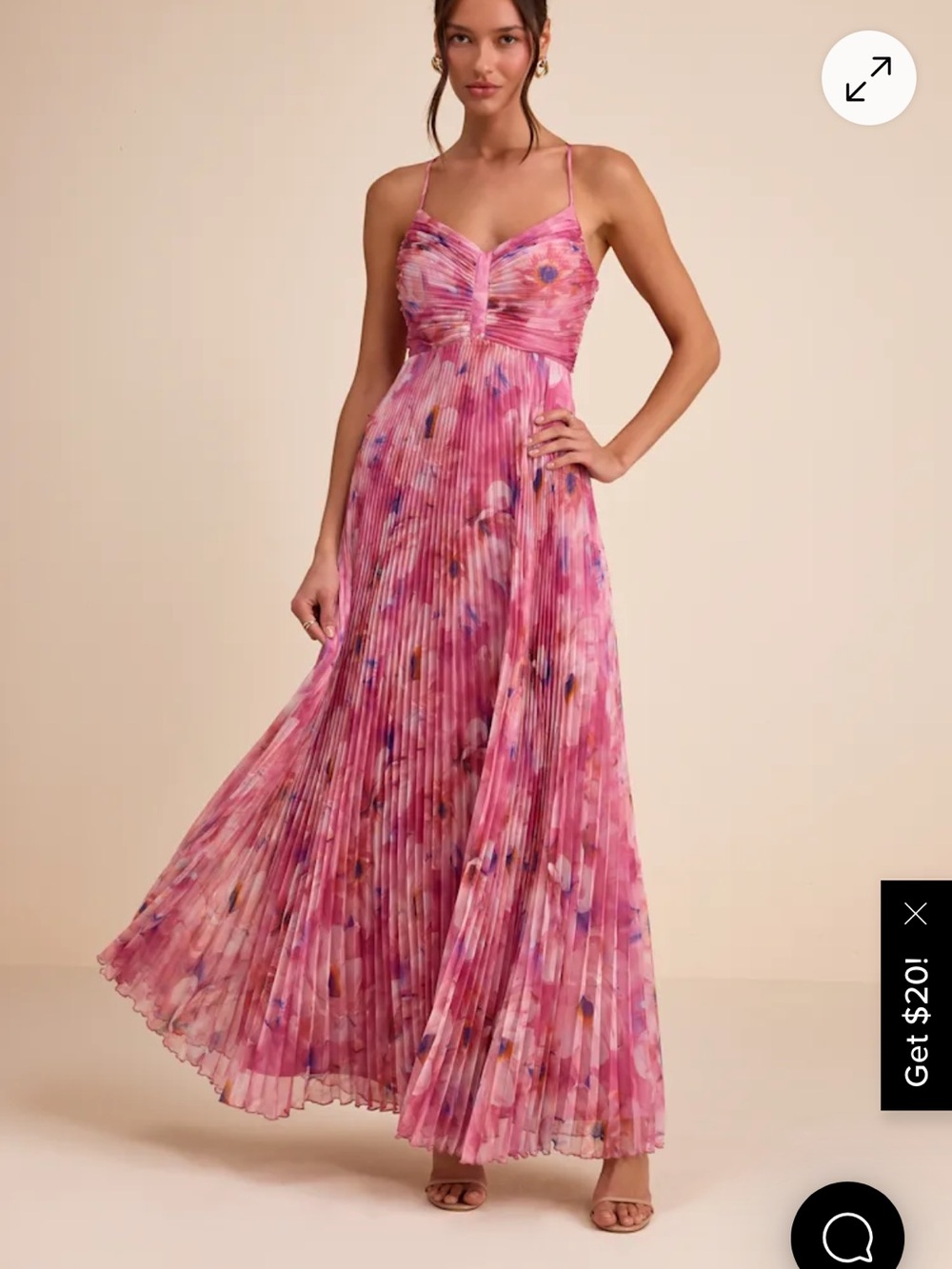 Lulu's Pink Floral Pleated Spaghetti-Strap Maxi Dress